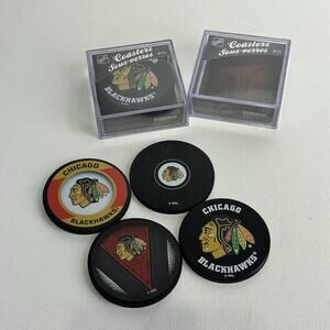 Chicago Blackhawks Logo NHL Hockey Puck Coaster Set Bachelor Pad Bar Decor
